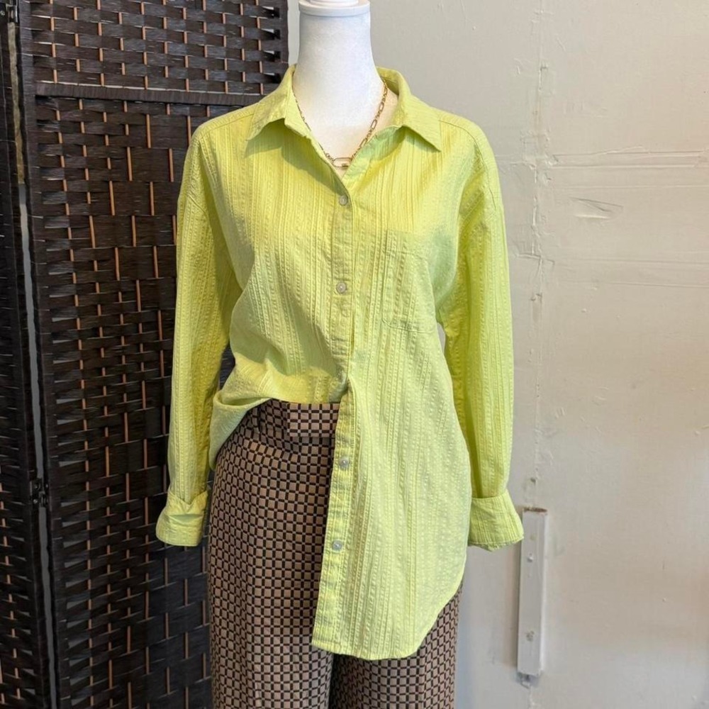 Y2k Women's Lime Green/Yellow Button up Shirt with Pleats Retro Top